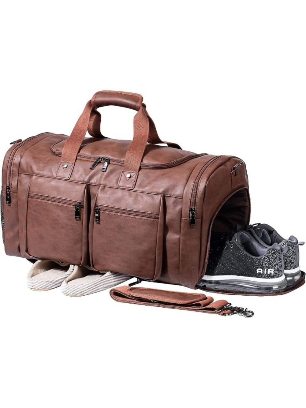 Waterproof Leather Weekender Bag with Shoe Pouch, Large Travel Tote Duffel for